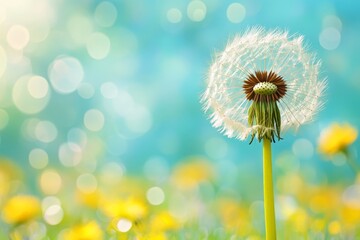 Poster - Close-up view of a dandelion seed head surrounded by colorful wildflowers in a sunlit meadow during spring