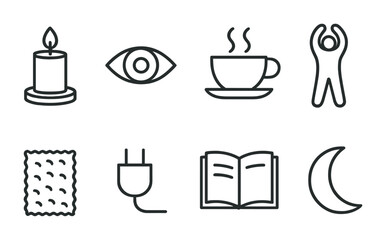 Poster - Minimalist line icons set: candle, eye, cup, person, biscuit, plug, book, moon