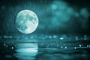 Poster - Mystical full moon illuminating tranquil waters during a soft rain at night