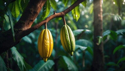 Poster - Two cacao fruits on tree with ripe and green pods in plantation
