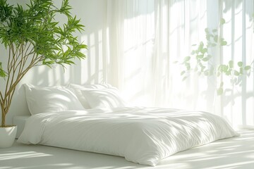 Aufkleber - Light-filled serene bedroom with white bedding and indoor plants creating a calming atmosphere