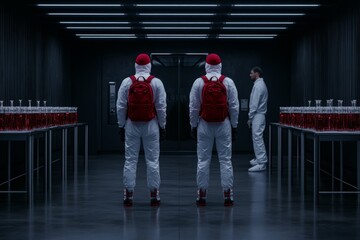 Poster - Two men in white hazmat suits with red caps and backpacks stand at the entrance to an empty laboratory. Behind them, another man wearing light blue overalls stands on one leg next to metal tables