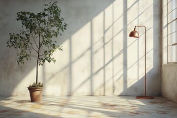 Poster - Sunlight streams through windows illuminating a minimalist interior with a plant and a lamp