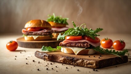 Poster - Two homemade sandwiches featuring ham, cheese, and arugula on a wooden board