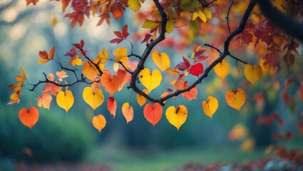 Aufkleber - Autumn foliage close-up with vibrant leaves on a tree branch against a textured background