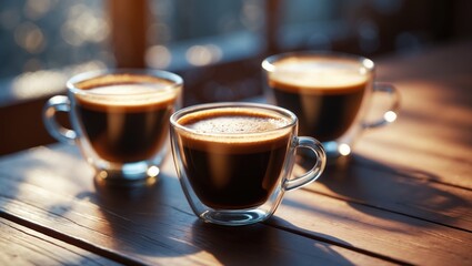 Poster - Three espresso coffees on a wooden table with shadow effects and glass cups
