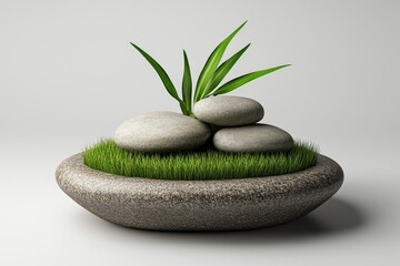 Poster - White background, podium with grass and rocks for product presentation. Mockup template of empty space round stone platform for displaying cosmetic products in a natural environment. Realistic