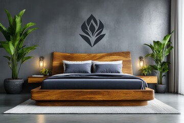 Poster - White poster frame mockup on a wall in a bedroom with light gray walls, a Scandinavian-style bed, and soft blankets