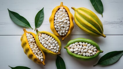 Aufkleber - Isolated image of a half-cut ripe yellow cacao pod with white seeds displayed on a white wooden surface