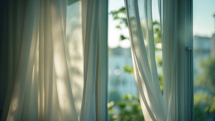 Poster - Clear curtains in front of blurry white plastic windows with bright summer sunlight close-up