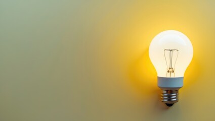 Poster - Flat lay of a light bulb on a yellow background highlighting creativity and illumination with text space