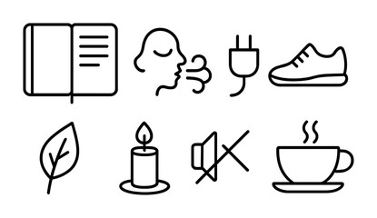 Poster - Set of 7 minimalist outline icons: book, leaf, candle, shoe, plug, coffee, mute