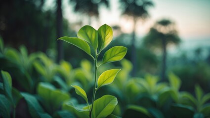 Poster - Close-up of a young plant with vibrant green leaves in a lush summer landscape