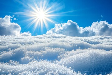 Poster - Bright sun illuminates a snowy landscape under a clear blue sky during winter