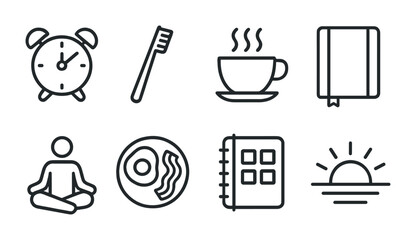 Poster - Daily routine icon set: morning essentials in linear outline style