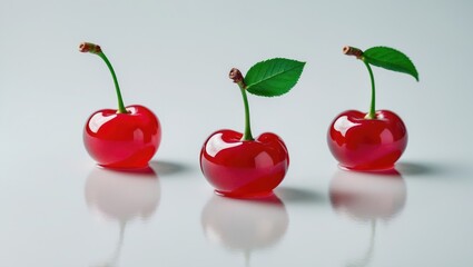 Aufkleber - Three fresh cherries with green leaf isolated on white background
