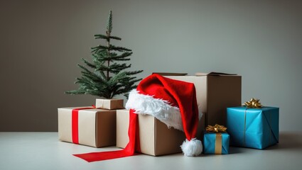 Poster - Stacked cardboard containers with a Christmas tree, Santa hat, and wrapping paper inside.