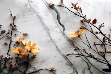 Poster - Beautiful yellow flowers and delicate branches arranged on a textured marble surface