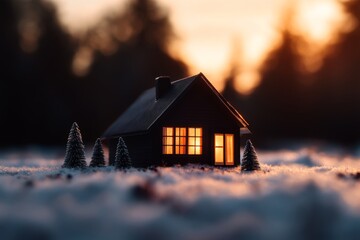 Aufkleber - A miniature house glows warmly from within, nestled among tiny pine trees on a soft snowy surface, with a blurred background creating a serene twilight atmosphere