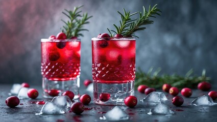 Aufkleber - Two vibrant glasses of cranberry cocktail garnished with rosemary, fresh cranberries, and crushed ice for a refreshing summer or winter party
