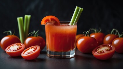 Aufkleber - Tomato juice or cocktail featuring tomatoes and celery sticks against a dark backdrop
