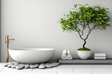 Wall Mural - a 2D cartoon illustration of a modern spa interior with relaxing decor, calm and minimalist, white background