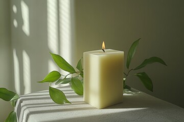 Poster - Relaxing ambiance created by a lit candle with green leaves on a simple surface during the afternoon light