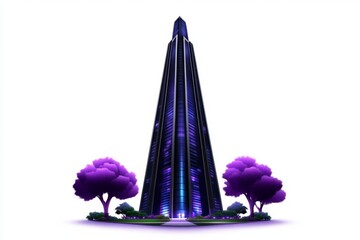 Poster - a 2D cartoon illustration of a skyscraper with a unique architectural design, futuristic and bold, white background