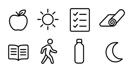 Poster - Healthy lifestyle line icons set: apple, sun, checklist, yoga mat, book, walking, water bottle, moon