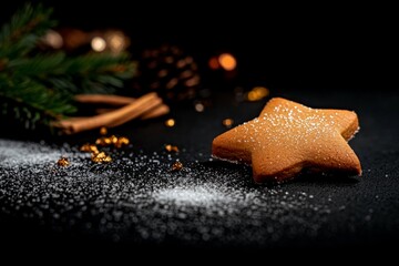 Aufkleber - A close-up view captures a star-shaped Christmas cookie, its golden-brown edges shimmering with sugar crystals, set against a dark backdrop for a festive touch