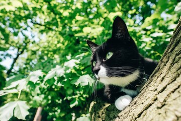 Poster - Black and white cat resting on a tree branch, enjoying the summer afternoon sunlight in a lush green forest setting