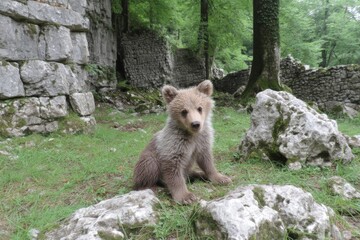 Poster - Young bear cub explores rocky forest ruins during a sunny day in the wilderness