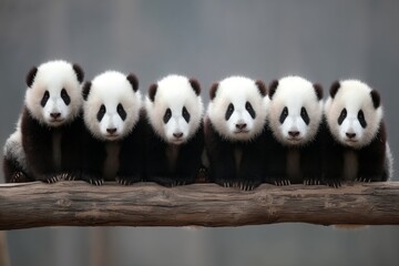 Poster - Six adorable giant pandas sitting together on a tree branch in a natural habitat during daylight