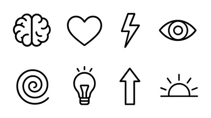 Poster - Minimalist linear icon set: brain, heart, lightning, eye, spiral, light bulb, arrow, sunrise