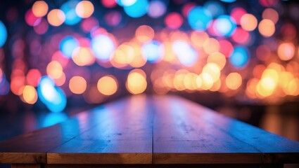 Poster - Long wooden table with a blurred background and bokeh effect