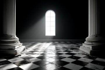 Fototapete - Light streaming through a window illuminates a dark room with checkered floor and classical columns