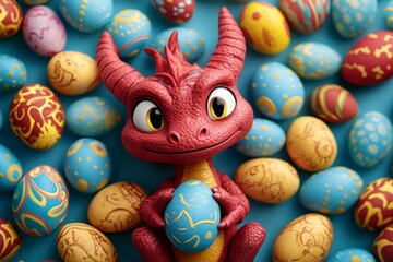 Poster - Colorful dragon character surrounded by decorated Easter eggs on a vibrant blue background during a spring celebration