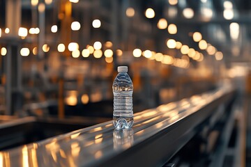 Poster - Close-up view of a water bottle on a moving conveyor belt, reflecting bright lights, set against a blurred background of factory equipment in an industrial space