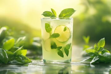 Poster - Refreshing beverage with mint and cucumber featured in a natural setting during daylight hours