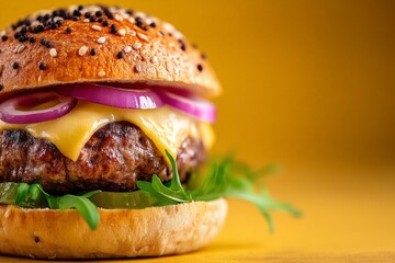 Poster - Delicious cheeseburger with fresh ingredients on a vibrant background delighting foodie enthusiasts