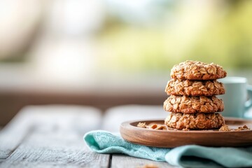 Poster - A close-up view of raspberry oatmeal cookies arranged on a wooden plate, surrounded by scattered crumbs on a pastel linen, creating a cozy setting