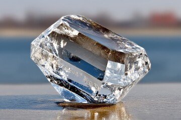 Aufkleber - One large crystal rock glistens under sunlight next to calm water in a serene outdoor setting