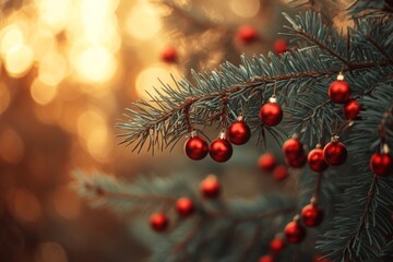 Poster - Beautifully decorated evergreen branch showcasing vibrant red ornaments for the holiday season at twilight