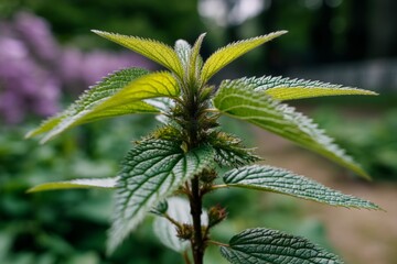 Poster - Close-up of vibrant green stinging nettle plant thriving in a garden during a sunny afternoon