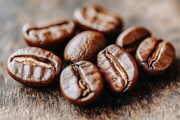 Poster - Freshly roasted coffee beans resting on a rustic wooden surface in natural light during morning hours