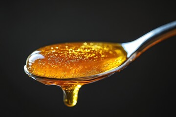 Aufkleber - Golden honey dripping from a spoon against a dark background highlighting its rich texture and sweetness