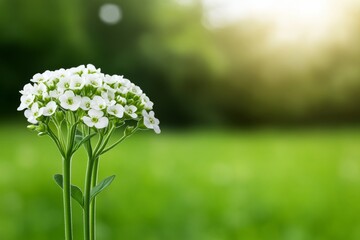 Poster - A single cluster of sweet alyssum flowers showcases intricate white petals in a softly blurred garden, illuminated by warm sunlight, creating a serene atmosphere