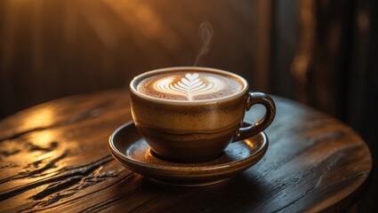 Poster - Close-up of creamy coffee latte art on vintage wooden table background