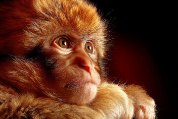 Aufkleber - Close-up of a young monkey with expressive eyes in a dimly lit environment showcasing its curious demeanor and playful nature