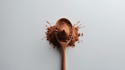 Poster - Close-up of cocoa powder in a spoon from a top view against a neutral background